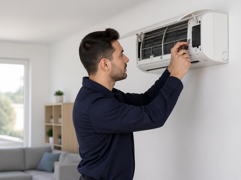 Técnico profesional reparando un aire acondicionado en un salón moderno